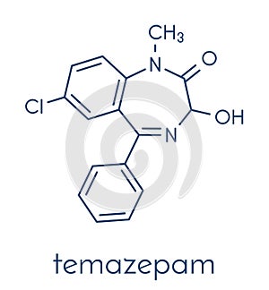 Temazepam benzodiazepine drug molecule. Used as hypnotic, anxiolytic and anticonvulsant drug. Skeletal formula. photo
