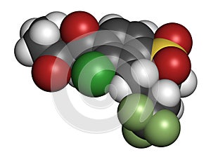 Tembotrione herbicide molecule. 3D rendering. Atoms are represented as spheres with conventional color coding: hydrogen white,.