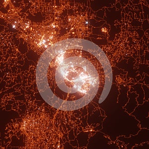 Temecula city lights map, top view from space. Aerial view on night street lights. Global networking, cyberspace