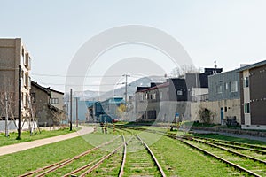 Temiya Line railroad in Otaru, Hokkaido, Japan photo