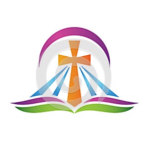 Cross with bible logo icon.