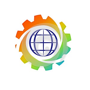 Industrial Gear Wheel logo icon with globe symbol.