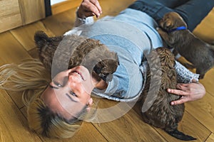 Temp home woman volunteer playing with three little puppies