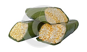 Tempe Fermented Soybeans Food With Banana Leaf Wrap