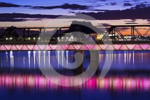 Tempe Town Lake bridges and Tempe Center for the Arts at Sunset