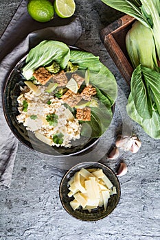 Tempeh with rice, bok choy, steamed broccoli and bamboo shoots