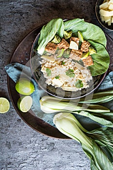 Tempeh with rice, bok choy, steamed broccoli and bamboo shoots