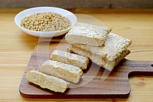 Tempeh or tempe made from fermented soybeans, a source of high plant-based protein and fiber