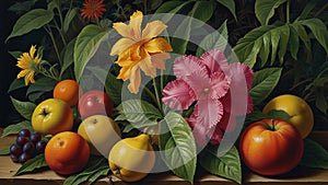 Tempera painting: A detailed, botanical study, featuring a variety of exotic plants, flowers, and fruits, all painted in the