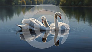 Tempera painting: A graceful, swan lake composition, showcasing the elegance and beauty of swans gliding across a peaceful body of