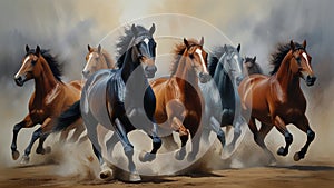 Tempera painting: A powerful, equestrian composition, capturing the energy and spirit of galloping horses, all painted in the