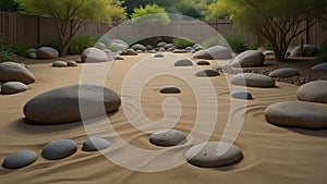 Tempera painting: A tranquil, Zen garden scene, with carefully arranged rocks, raked sand, and a sense of balance and serenity,