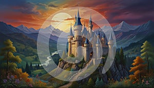 Tempera painting: A whimsical, fairy tale-inspired scene, with enchanted castles, magical creatures, and a sense of wonder, all