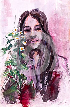 Tempera portrait of a young woman with a flower