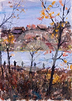Tempera sketch of autumn landscape photo