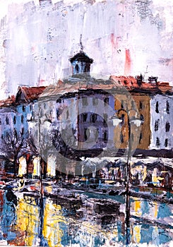 Tempera sketch of city landscape