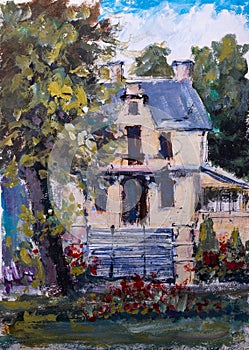 Tempera sketch of old house