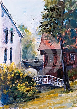 Tempera sketch of old house