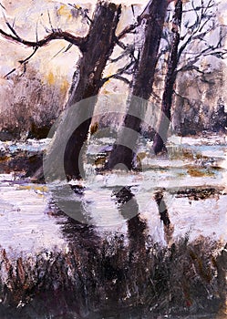 Tempera sketch of winter landscape