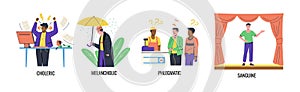 Temperament types. Infographic of persons with different moods. Angry choleric. Happy sanguine. Phlegmatic and melancholic. Human