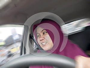 Temperamental Driver Concept, Angry Woman in Traffic Jam