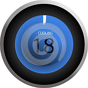 The temperature 18 Celsius and cooling mode on modern thermostat in white background