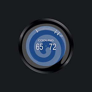 The temperature 65 Fahrenheit and cooling mode on modern thermostat illustration