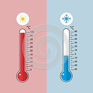 Temperature on celsius. Blue and red thermometer.
