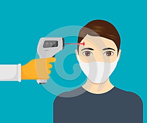 Temperature check. Doctor holding a non-contact thermometer in hand isolated on white background. Vector illustration