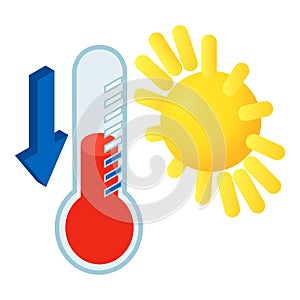 Temperature drop icon isometric vector. Thermometer with down arrow shining sun