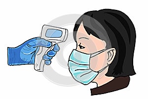 Temperature measurement by a laser thermometer and wearing face mask person head