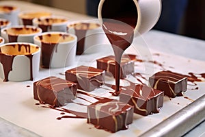 tempered chocolate being poured into molds on a marble countertop