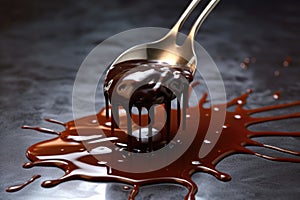 tempered chocolate dripping from a metal whisk or spoon