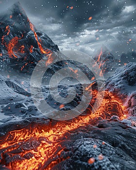 A tempest swirls around a volcanic eruption, lava and freeze intertwining, snowflakes ash upon contact with the molten river