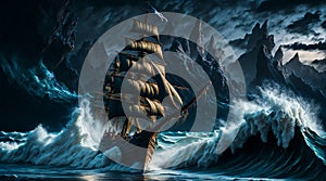 Tempestuous ocean the pirate ship battles against colossal waves its sails billowing in the wind epitomizing.