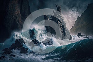 tempestuous ocean with waves crashing against jagged rocks and cliffs