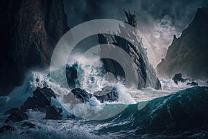 tempestuous ocean with waves crashing against jagged rocks and cliffs photo