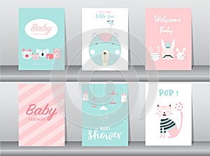 Set of baby shower invitation cards,birthday, poster,template, greeting,cute, animal,