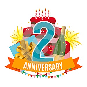 Template 2 Years Anniversary Congratulations, Greeting Card with Cake, Gift Box, Fireworks and Ribbon Invitation Vector