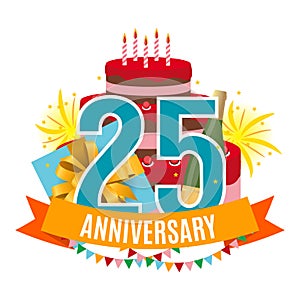 Template 25 Years Anniversary Congratulations, Greeting Card with Cake, Gift Box, Fireworks and Ribbon Invitation Vector