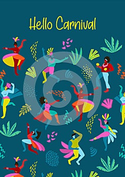 Template with abstract men and women in bright costumes. Brazil carnival. Vector design for carnival concept and other
