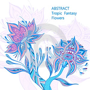 Template from Abstract Tropic Fantasy flowers in blue pink lilac on white