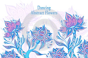 Template from Abstract Tropic Fantasy flowers in blue pink lilac on white