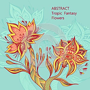 Template from Abstract Tropic Fantasy flowers in full colors on marine blue