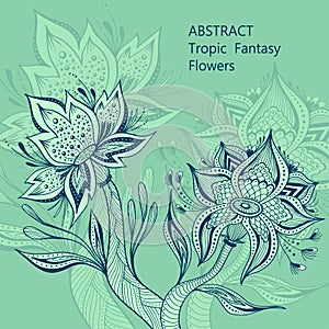 Template from Abstract Tropic Fantasy flowers in marine blue