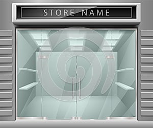 Template for advertising 3d store front facade. Realistic Exterior horizontal empty shop with Shelves. Blank mockup of