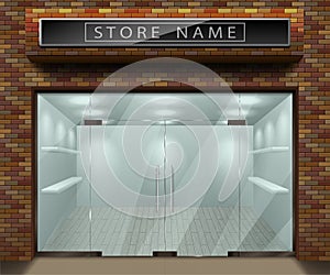 Template for advertising 3d store front facade with red brick. Exterior empty shop or boutique with transparent window