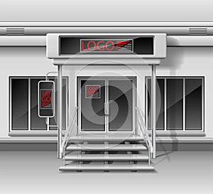 Template for advertising 3d store front facade. Shop exterior with door, corporate identity. Blank mockup of storefront