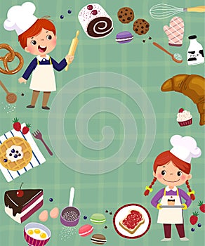 Template for advertising background in baking concept with two kid bakers