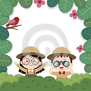 Template for advertising brochure with cartoon of girl and boy holding binoculars with a bird in nature.